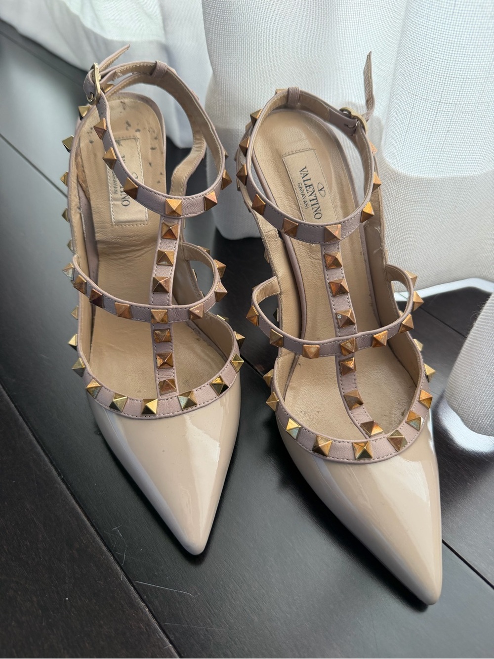 Valentino Nude Patent Leather Rockstud T-Strap Pumps